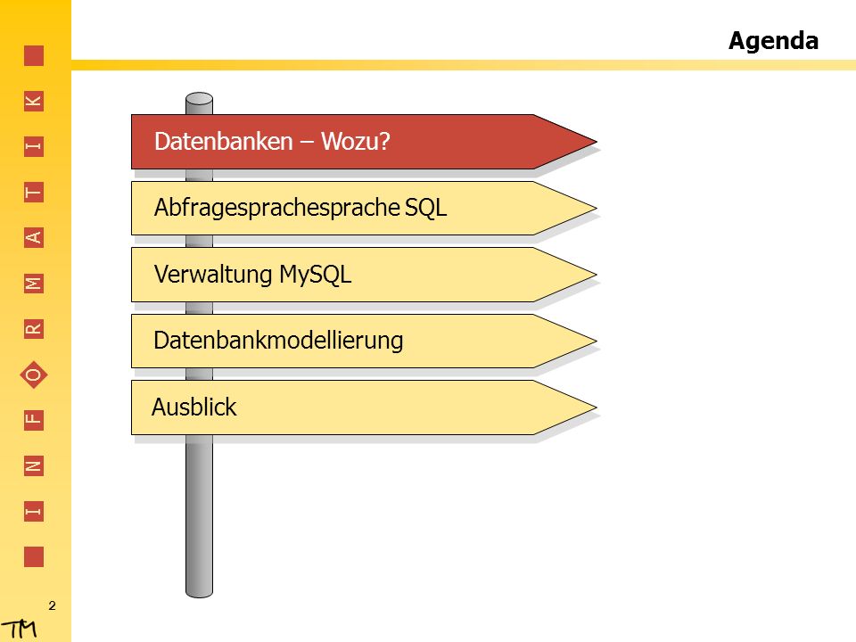 Agenda Datenbanken – Wozu Datenbanken – Wozu Abfragesprachesprache SQL. Verwaltung MySQL. Datenbankmodellierung.