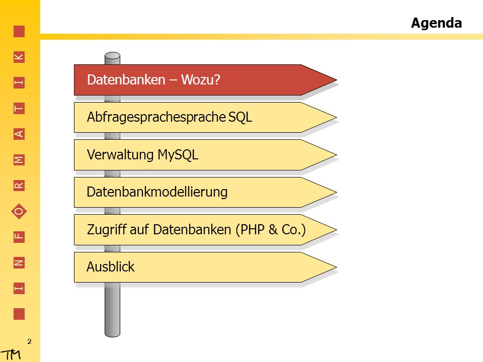 Agenda Datenbanken – Wozu Datenbanken – Wozu Abfragesprachesprache SQL. Verwaltung MySQL. Datenbankmodellierung.