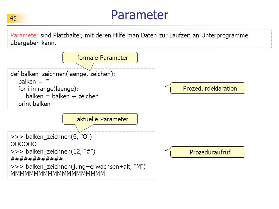 Parameter Parameter sind Platzhalter, mit deren Hilfe man Daten zur Laufzeit an Unterprogramme übergeben kann.