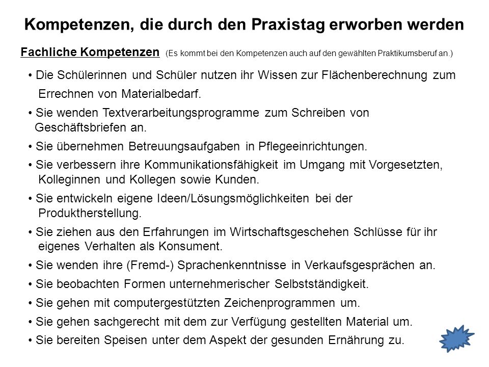 Kompetenzen, die durch den Praxistag erworben werden