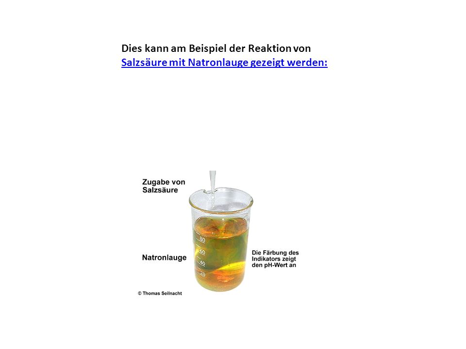 Dies kann am Beispiel der Reaktion von Salzsäure mit Natronlauge gezeigt werden: