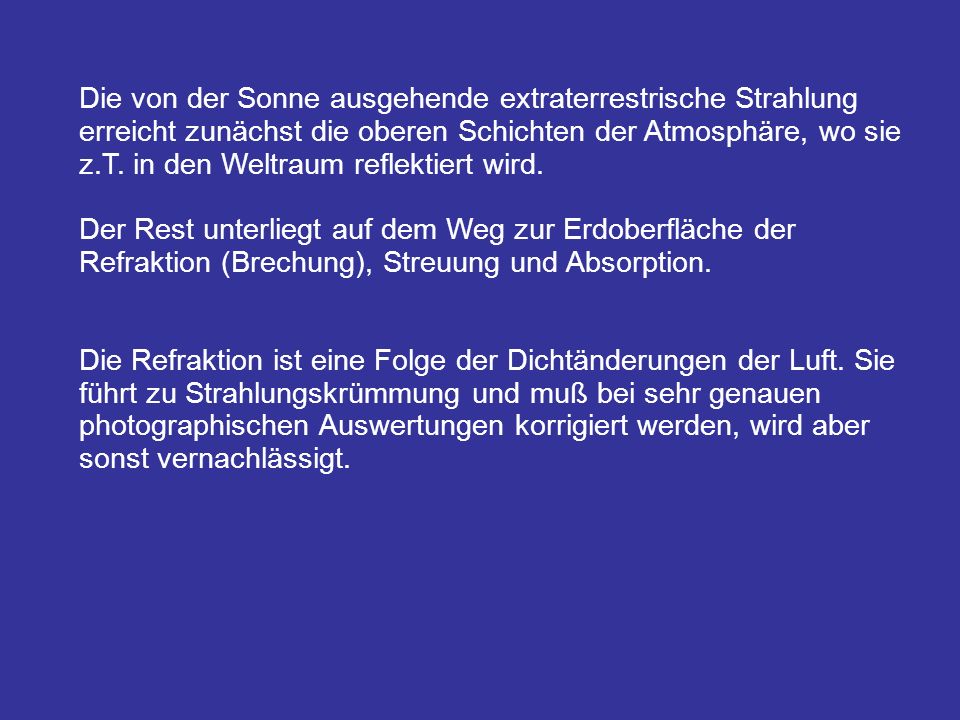 Die von der Sonne ausgehende extraterrestrische Strahlung erreicht zunächst die oberen Schichten der Atmosphäre, wo sie z.T. in den Weltraum reflektiert wird.