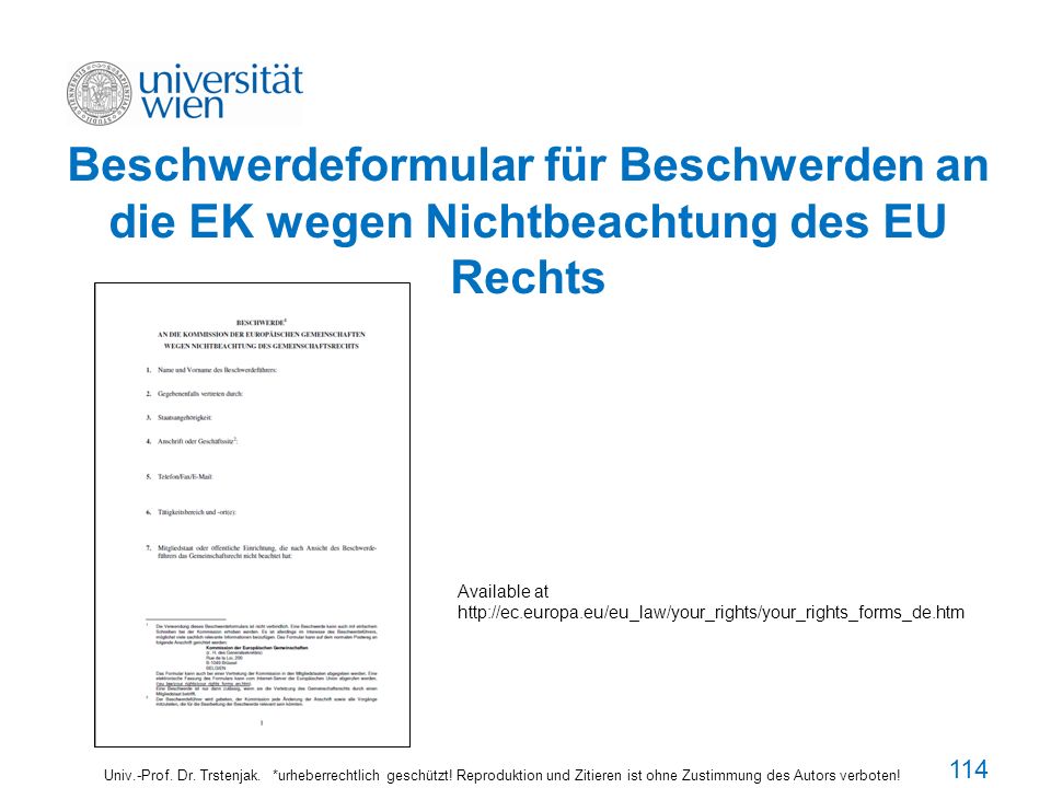 Beschwerdeformular für Beschwerden an die EK wegen Nichtbeachtung des EU Rechts