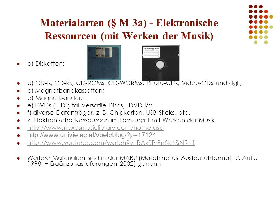 Materialarten (§ M 3a) - Elektronische Ressourcen (mit Werken der Musik)