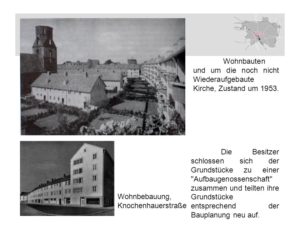 Wohnbauten und um die noch nicht Wiederaufgebaute Kirche, Zustand um 1953.