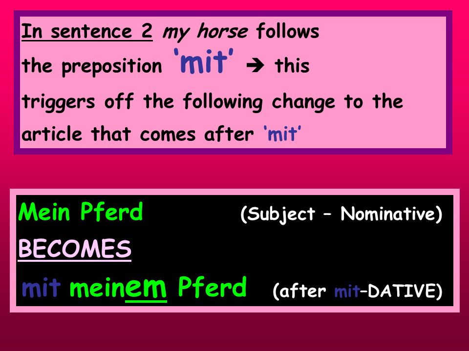 (after mit–DATIVE) mit meinem Pferd Mein Pferd (Subject – Nominative)