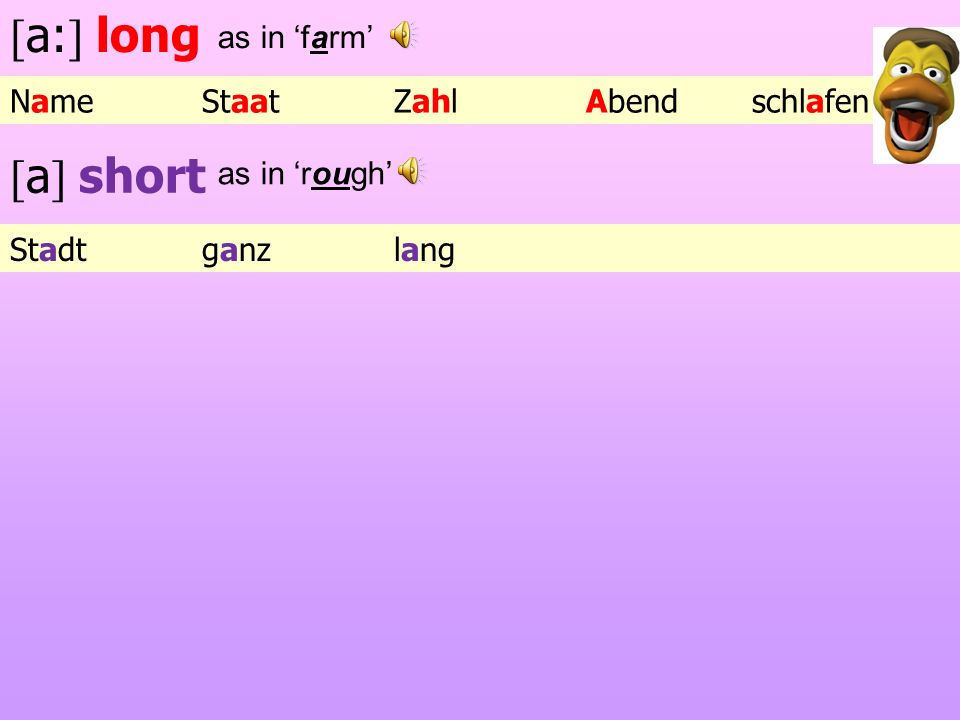 [a:] long [a] short as in ‘farm’ Name Staat Zahl Abend schlafen
