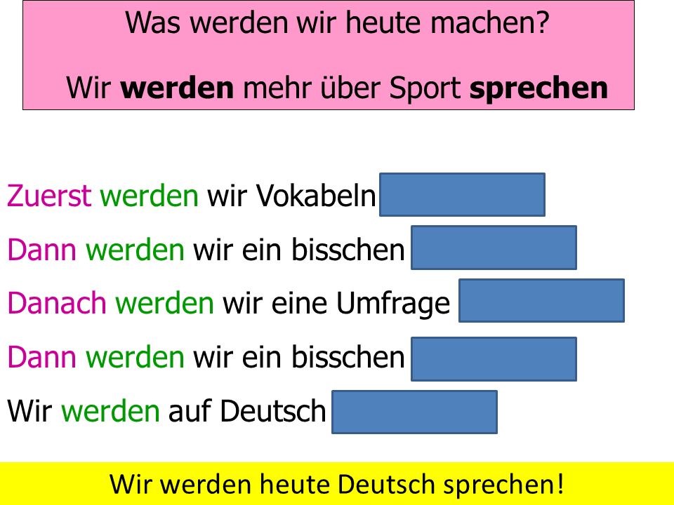 Was werden wir heute machen Wir werden mehr über Sport sprechen