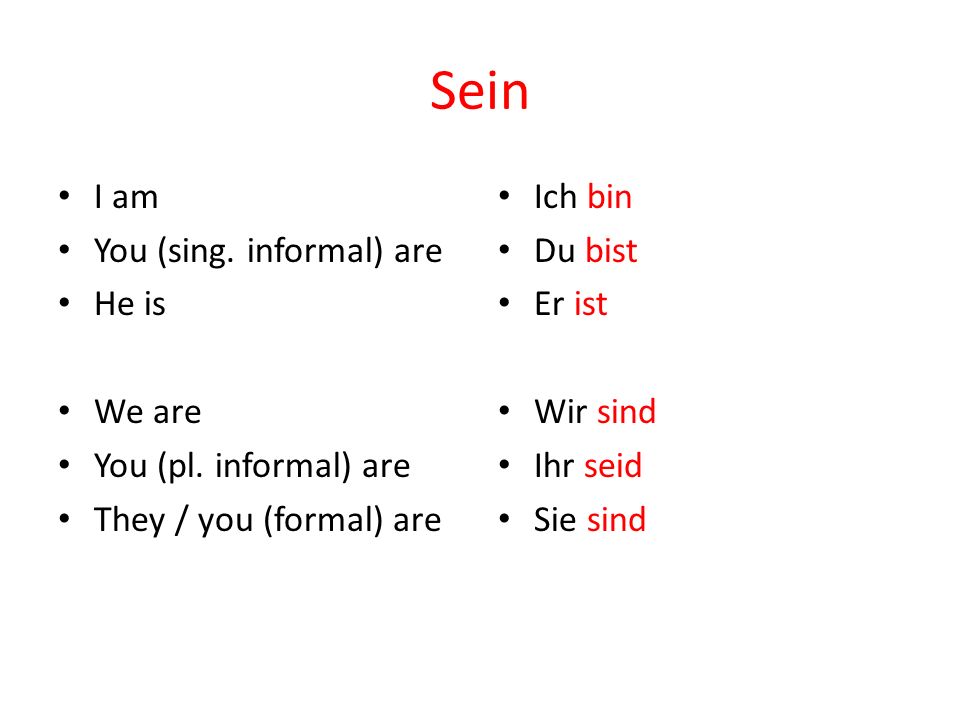 Sein I am You (sing. informal) are He is We are You (pl. informal) are