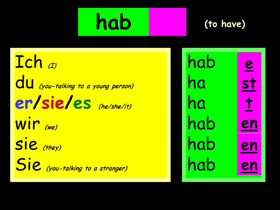 hab en. en. (to have) Ich (I) du (you-talking to a young person) er/sie/es (he/she/it) wir (we) sie (they) Sie (you-talking to a stranger)