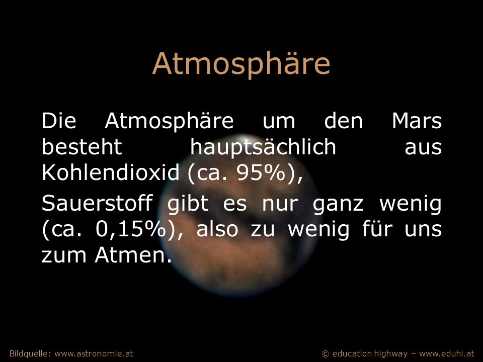 Atmosphäre Die Atmosphäre um den Mars besteht hauptsächlich aus Kohlendioxid (ca. 95%),