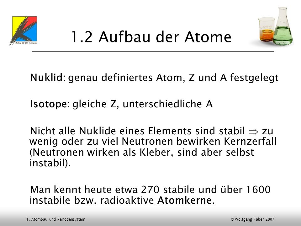 1.2 Aufbau der Atome Nuklid: genau definiertes Atom, Z und A festgelegt. Isotope: gleiche Z, unterschiedliche A.