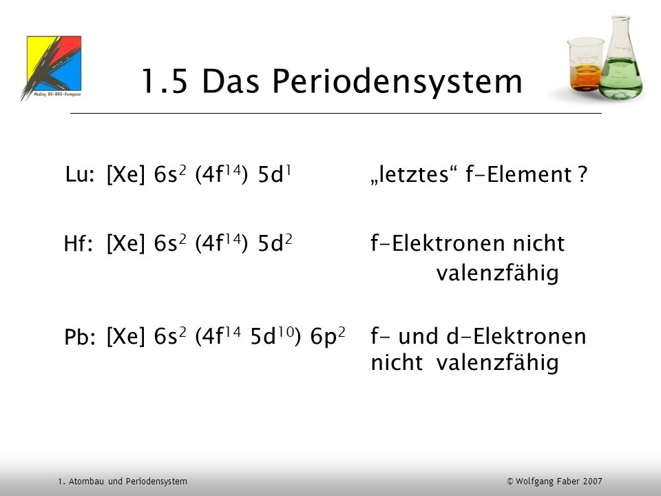 1.5 Das Periodensystem [Xe] 6s2 (4f14) 5d1 „letztes f-Element Lu: