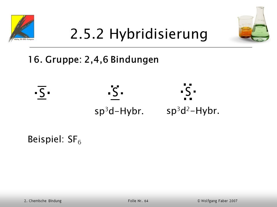 2.5.2 Hybridisierung S S S 16. Gruppe: 2,4,6 Bindungen Beispiel: SF6