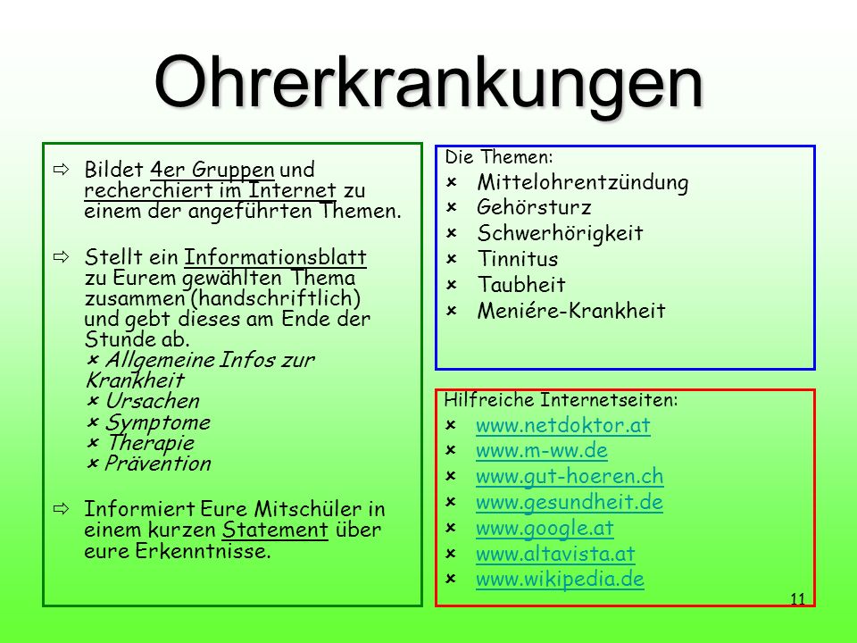 Ohrerkrankungen Bildet 4er Gruppen und recherchiert im Internet zu einem der angeführten Themen.