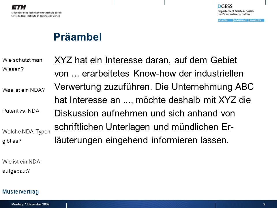 Präambel Wie schützt man Wissen Was ist ein NDA Patent vs. NDA. Welche NDA-Typen gibt es Wie ist ein NDA aufgebaut