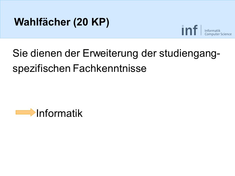 Wahlfächer (20 KP) Sie dienen der Erweiterung der studiengang- spezifischen Fachkenntnisse.