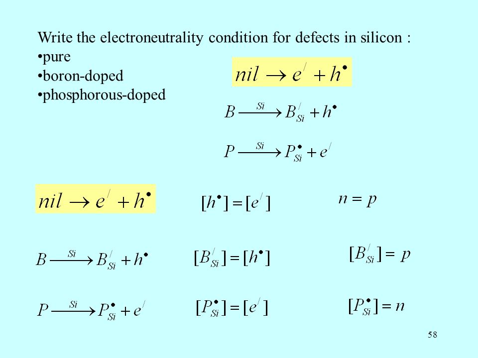 Write the electroneutrality condition for defects in silicon :