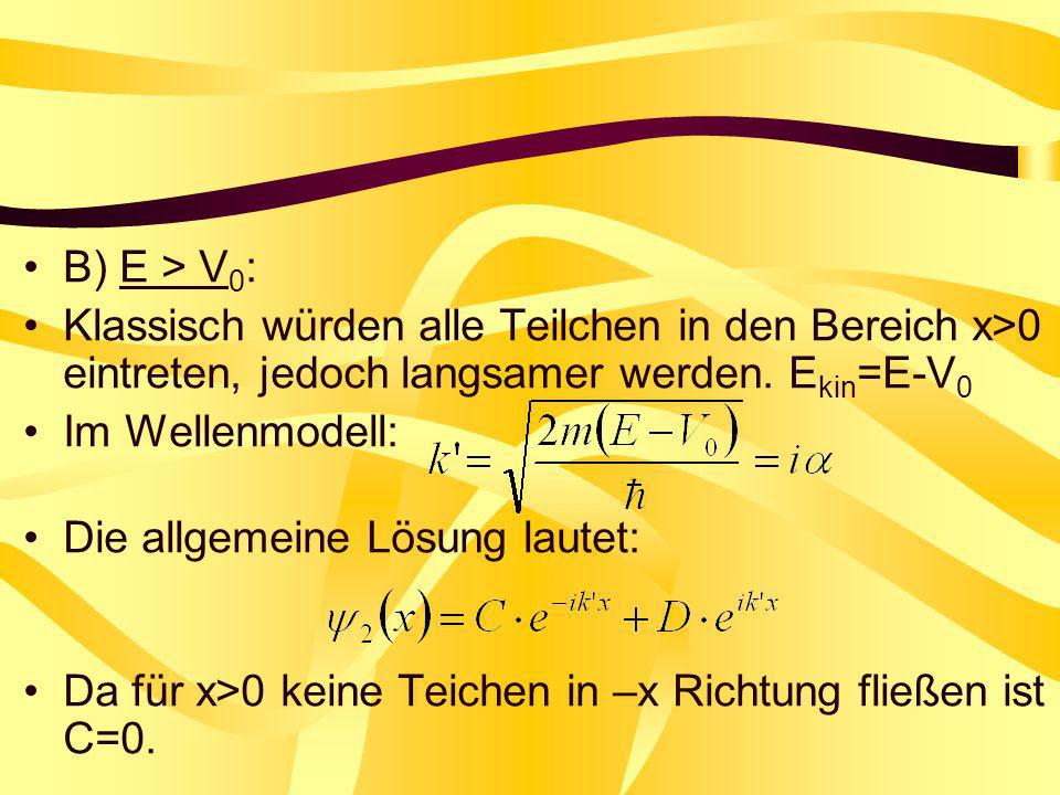 B) E > V0: Klassisch würden alle Teilchen in den Bereich x>0 eintreten, jedoch langsamer werden. Ekin=E-V0.