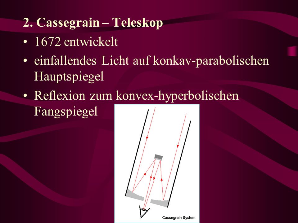 2. Cassegrain – Teleskop 1672 entwickelt. einfallendes Licht auf konkav-parabolischen Hauptspiegel.