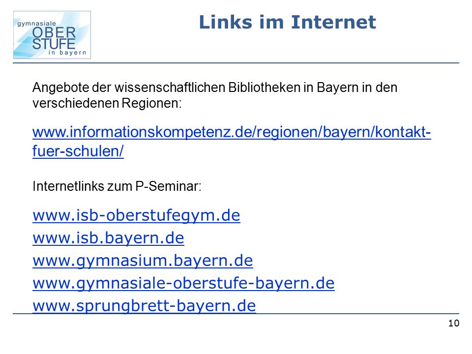 Links im Internet Angebote der wissenschaftlichen Bibliotheken in Bayern in den verschiedenen Regionen: