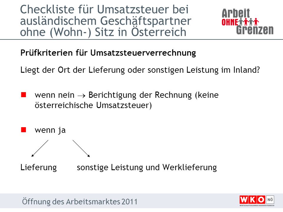 Checkliste für Umsatzsteuer bei ausländischem Geschäftspartner ohne (Wohn-) Sitz in Österreich