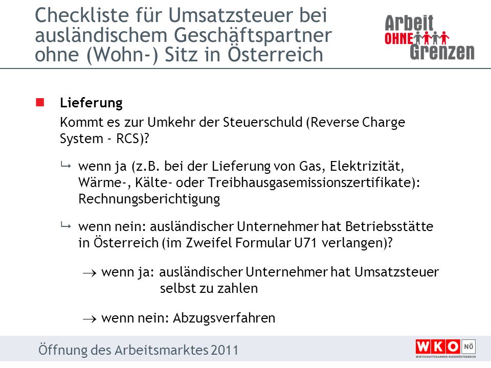 Checkliste für Umsatzsteuer bei ausländischem Geschäftspartner ohne (Wohn-) Sitz in Österreich