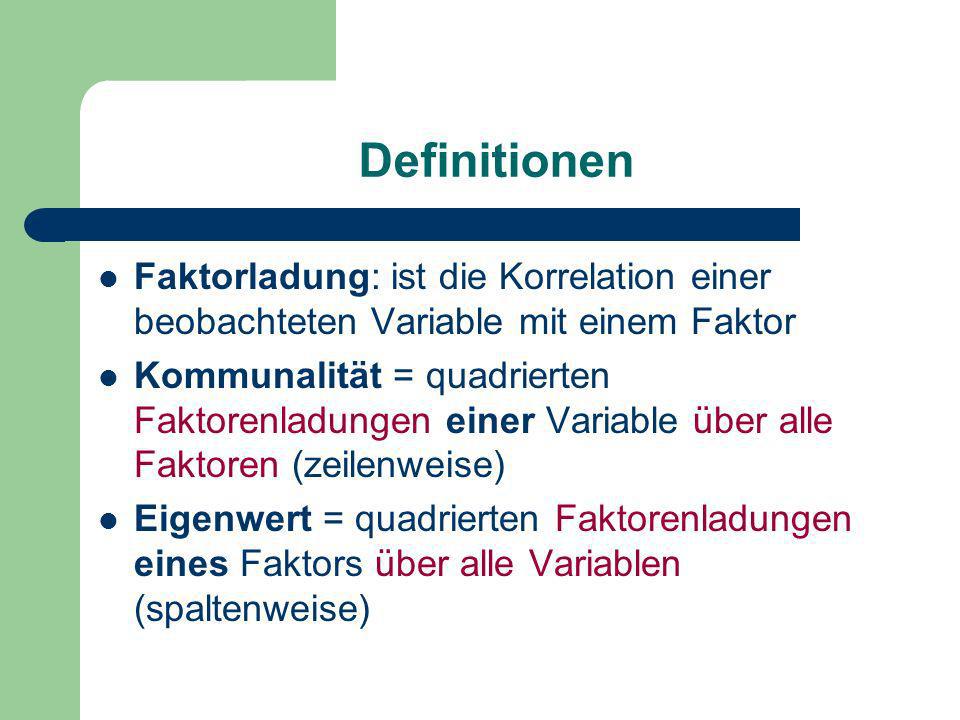 Definitionen Faktorladung: ist die Korrelation einer beobachteten Variable mit einem Faktor.