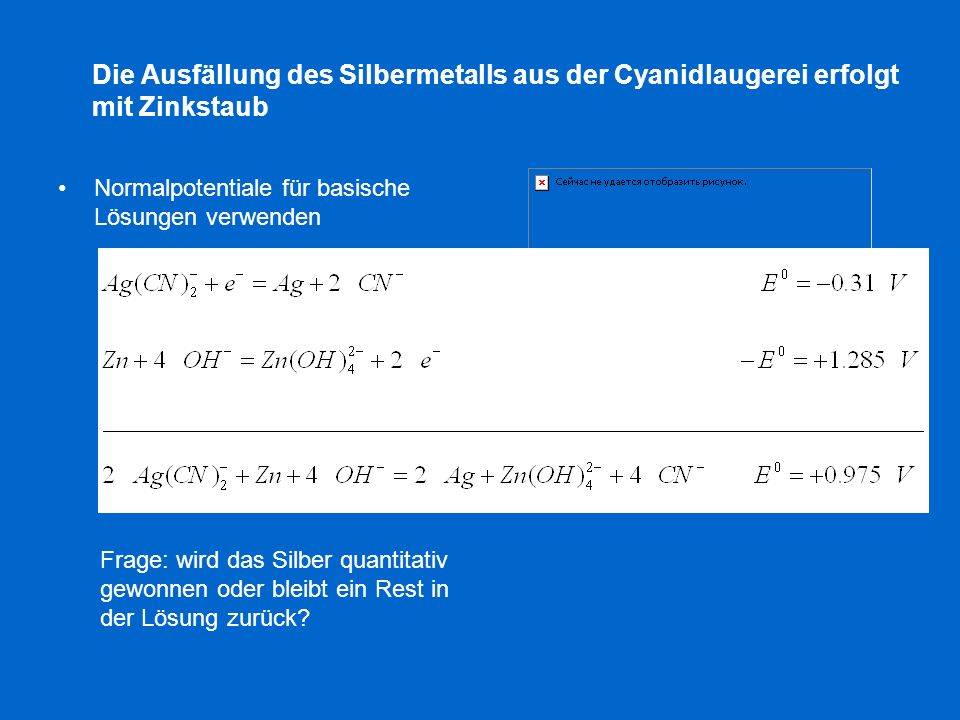 Die Ausfällung des Silbermetalls aus der Cyanidlaugerei erfolgt mit Zinkstaub