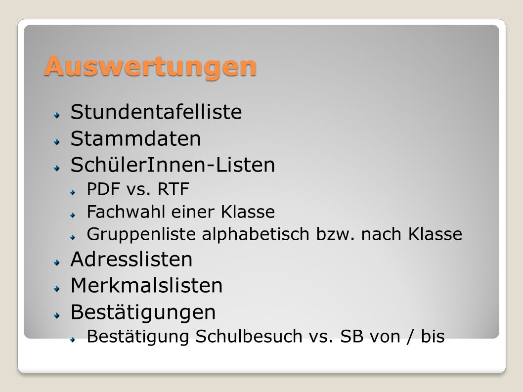 Auswertungen Stundentafelliste Stammdaten SchülerInnen-Listen