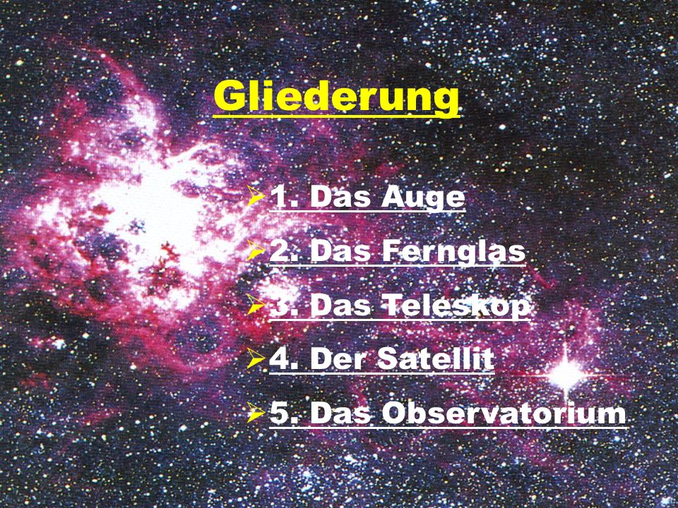 Gliederung 1. Das Auge 2. Das Fernglas 3. Das Teleskop 4. Der Satellit