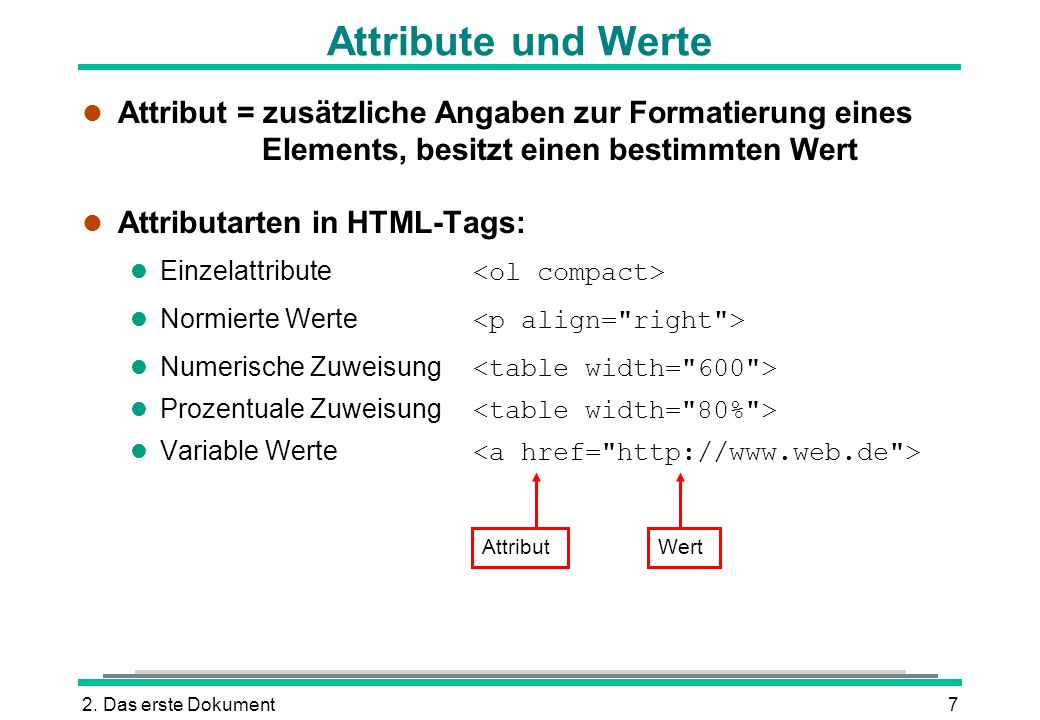Attribute und Werte Attribut = zusätzliche Angaben zur Formatierung eines Elements, besitzt einen bestimmten Wert.