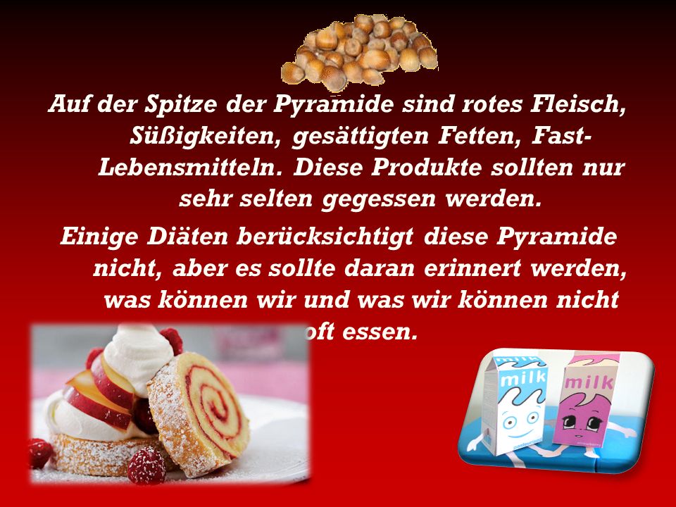 Auf der Spitze der Pyramide sind rotes Fleisch, Süßigkeiten, gesättigten Fetten, Fast-Lebensmitteln. Diese Produkte sollten nur sehr selten gegessen werden.