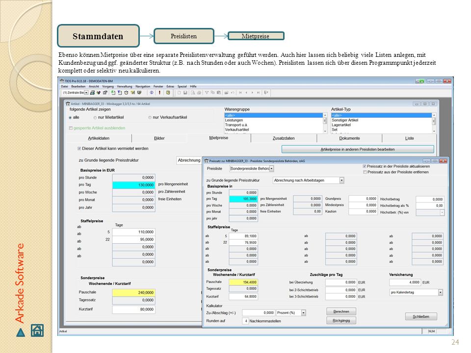 Arkade Software Stammdaten Preislisten Mietpreise