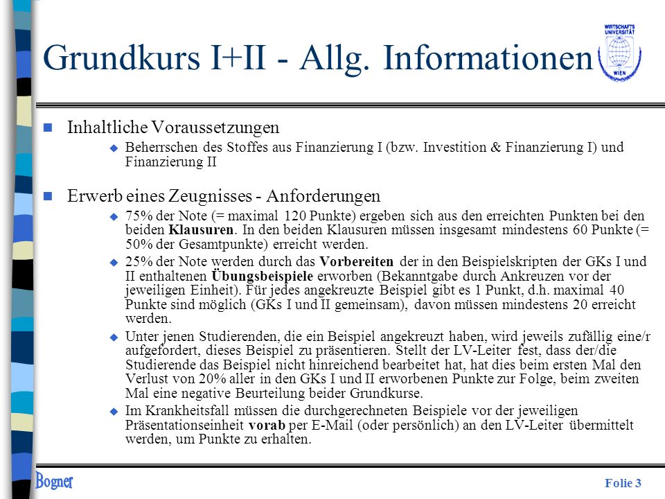 Grundkurs I+II - Allg. Informationen