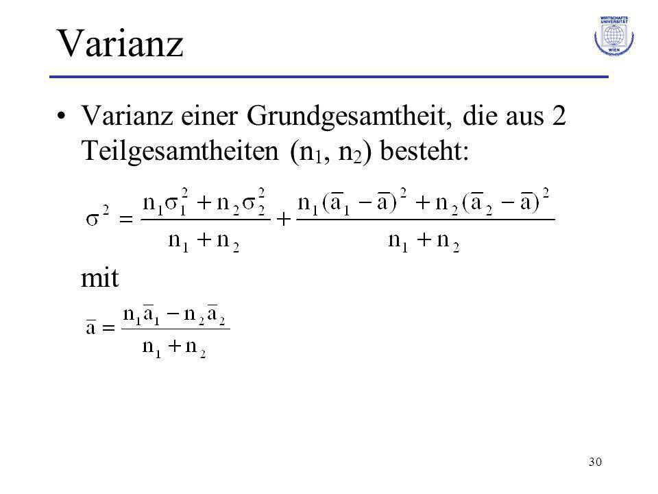 Varianz Varianz einer Grundgesamtheit, die aus 2 Teilgesamtheiten (n1, n2) besteht: mit