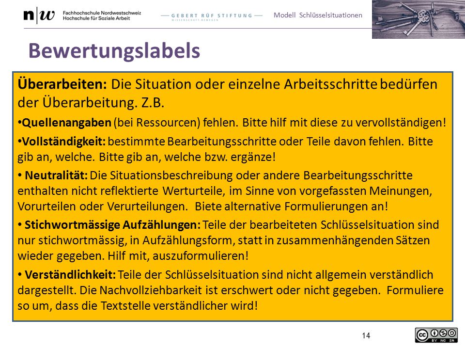 Bewertungslabels Überarbeiten: Die Situation oder einzelne Arbeitsschritte bedürfen der Überarbeitung. Z.B.