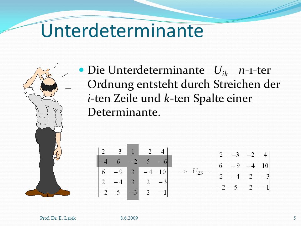 Unterdeterminante Die Unterdeterminante Uik n-1-ter Ordnung entsteht durch Streichen der i-ten Zeile und k-ten Spalte einer Determinante.