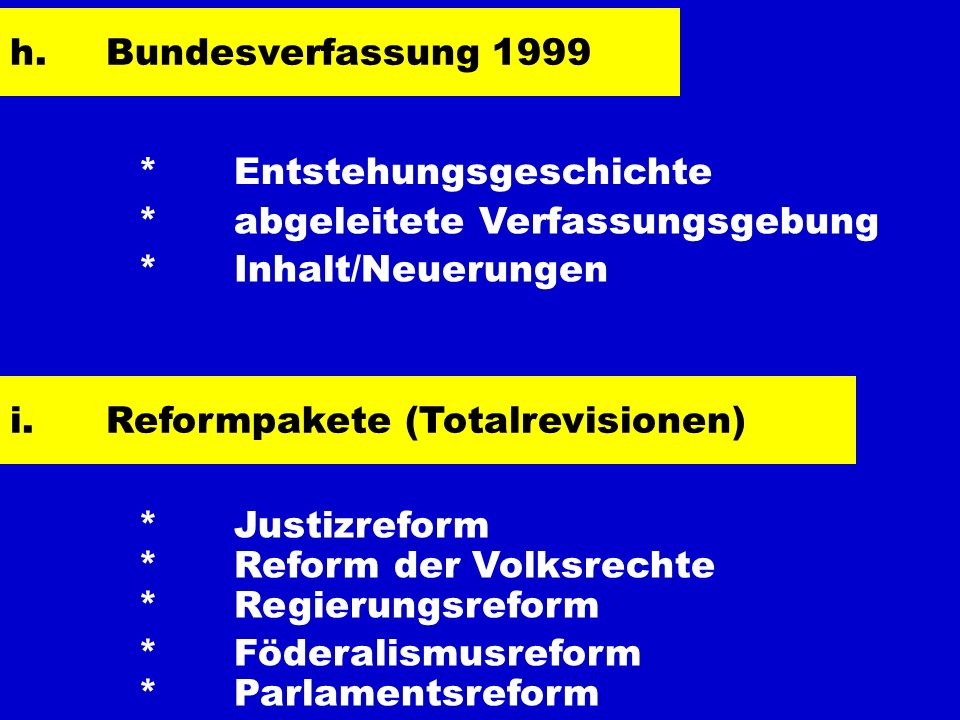 h. Bundesverfassung 1999 * Entstehungsgeschichte. * abgeleitete Verfassungsgebung. * Inhalt/Neuerungen.