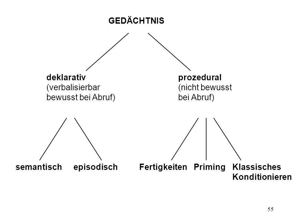 deklarativ (verbalisierbar bewusst bei Abruf) prozedural. (nicht bewusst bei Abruf) semantisch. episodisch.