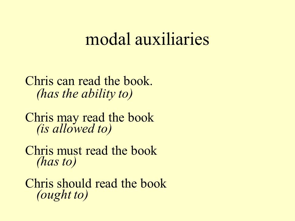modal auxiliaries Chris can read the book. (has the ability to)