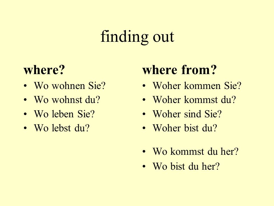 finding out where where from Wo wohnen Sie Wo wohnst du