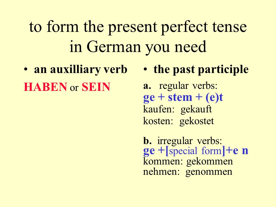 to form the present perfect tense in German you need