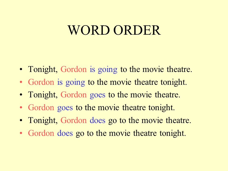 WORD ORDER Tonight, Gordon is going to the movie theatre.