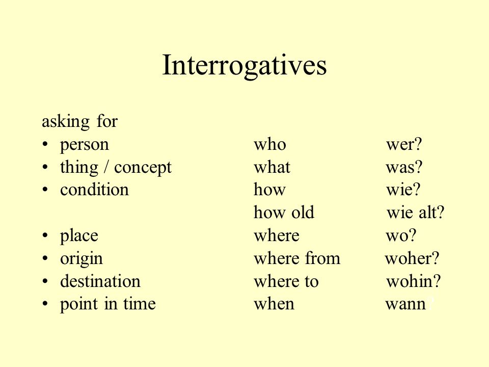 Interrogatives asking for person thing / concept condition place