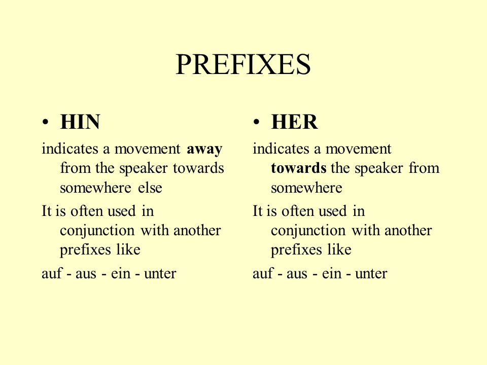 PREFIXES HIN. indicates a movement away from the speaker towards somewhere else. It is often used in conjunction with another prefixes like.