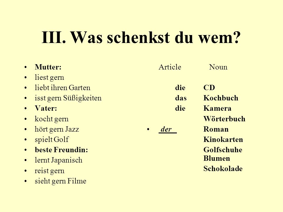 III. Was schenkst du wem Mutter: liest gern liebt ihren Garten
