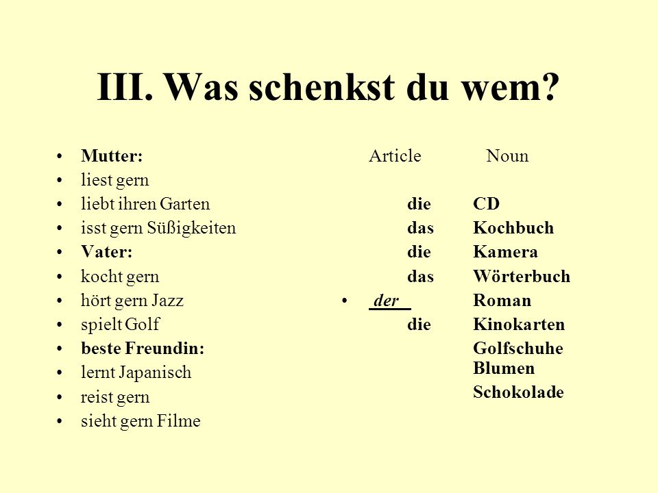 III. Was schenkst du wem Mutter: liest gern liebt ihren Garten