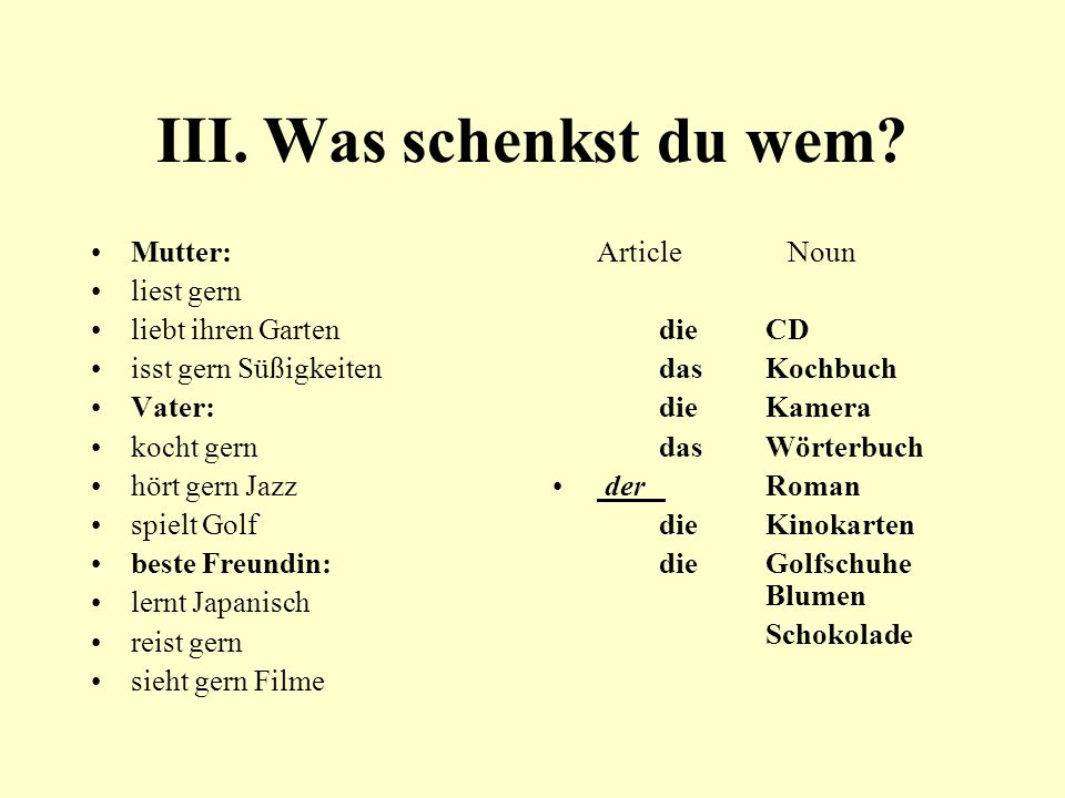 III. Was schenkst du wem Mutter: liest gern liebt ihren Garten
