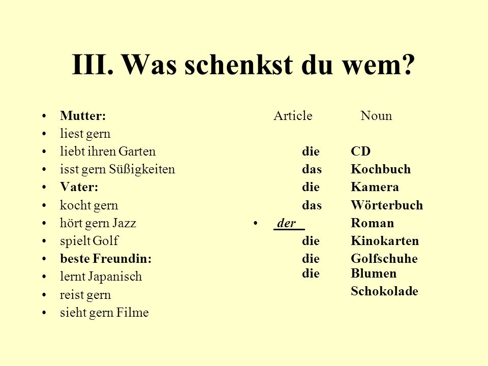 III. Was schenkst du wem Mutter: liest gern liebt ihren Garten